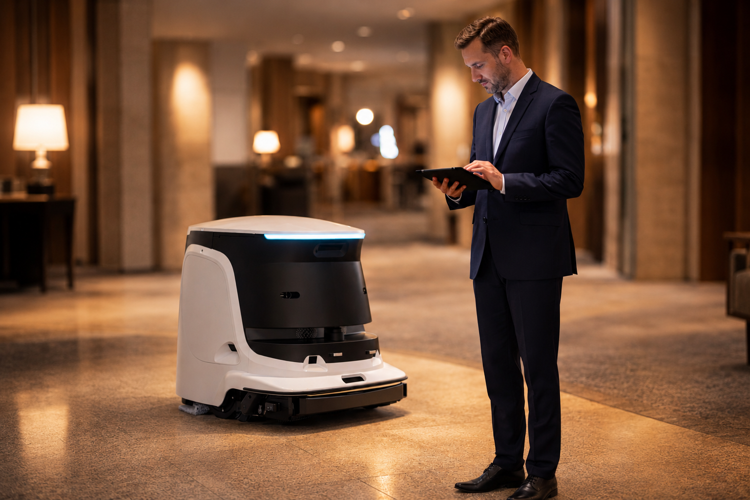 Housekeeping prüft das Reinigungsprotokoll des Reinigungsroboters