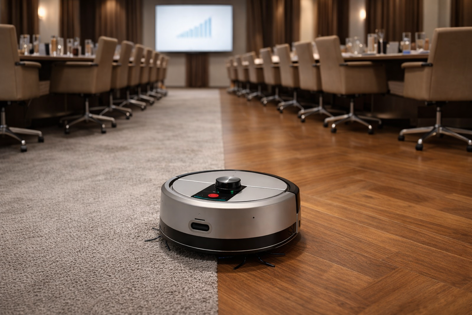 Reinigungsroboter RV3 im Konferenzraum mit Teppich und Hartboden