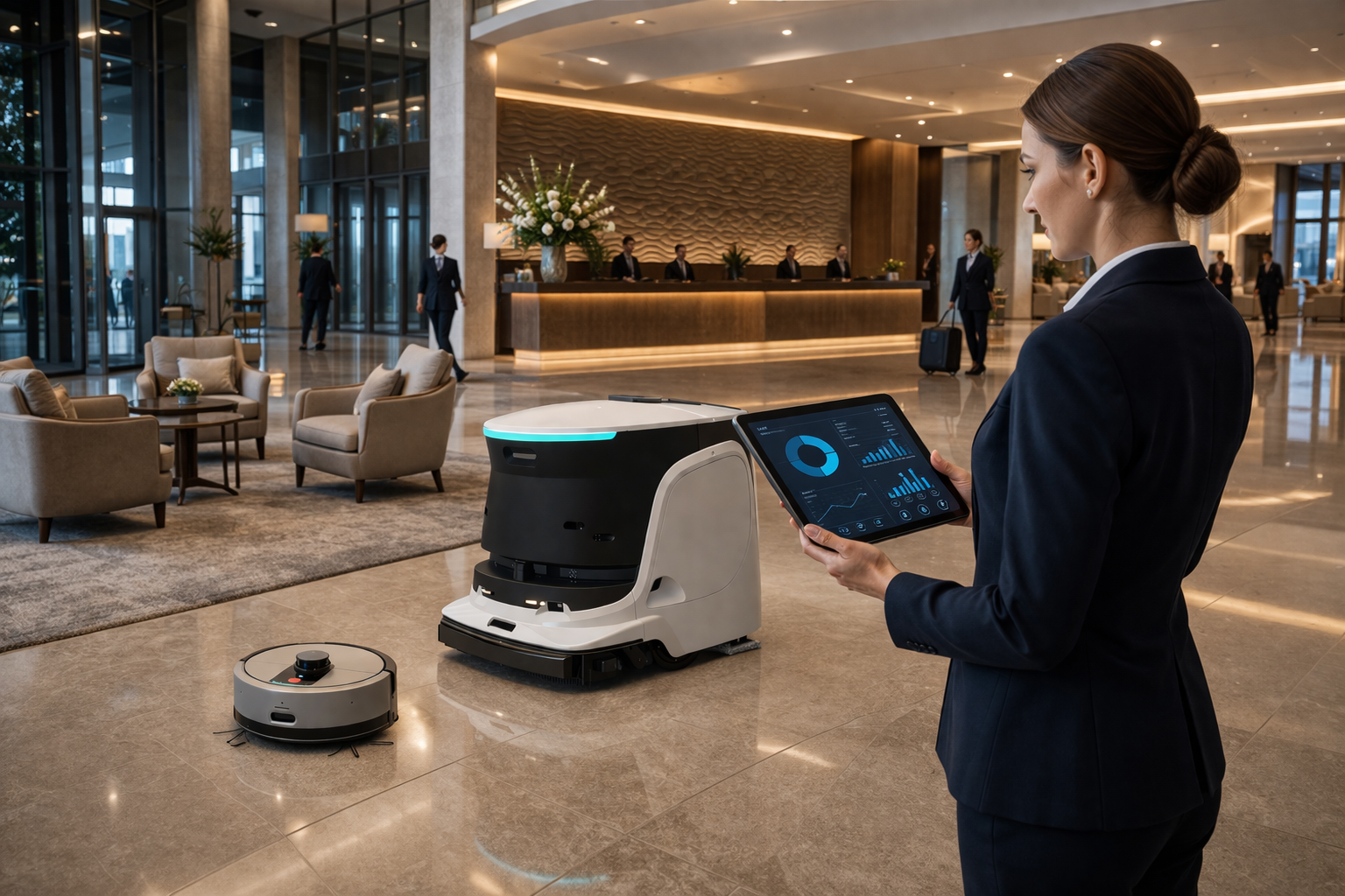 Hotelmanagerin analysiert Reinigungsroboter-Daten auf Tablet in der Hotellobby