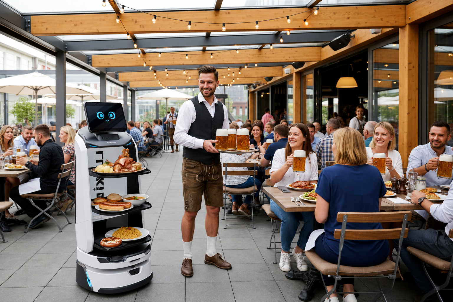 Serviceroboter unterstützt als Laufhilfe auf der Terrasse