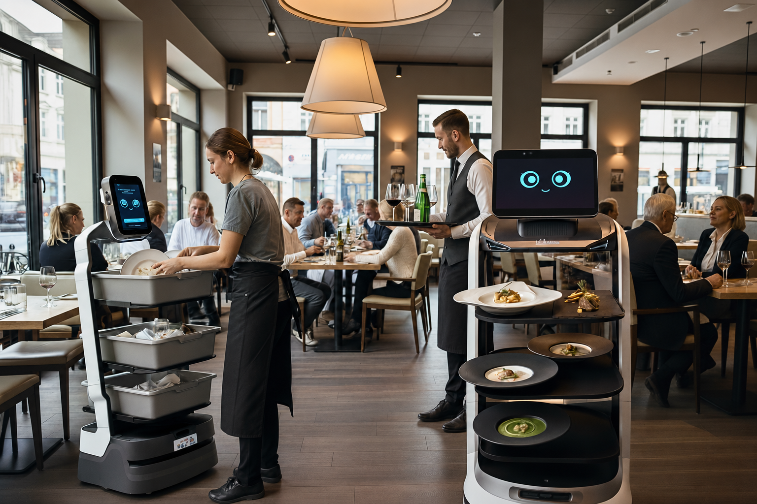 Serviceroboter bringt Speisen und hilft beim Abräumen im Restaurant