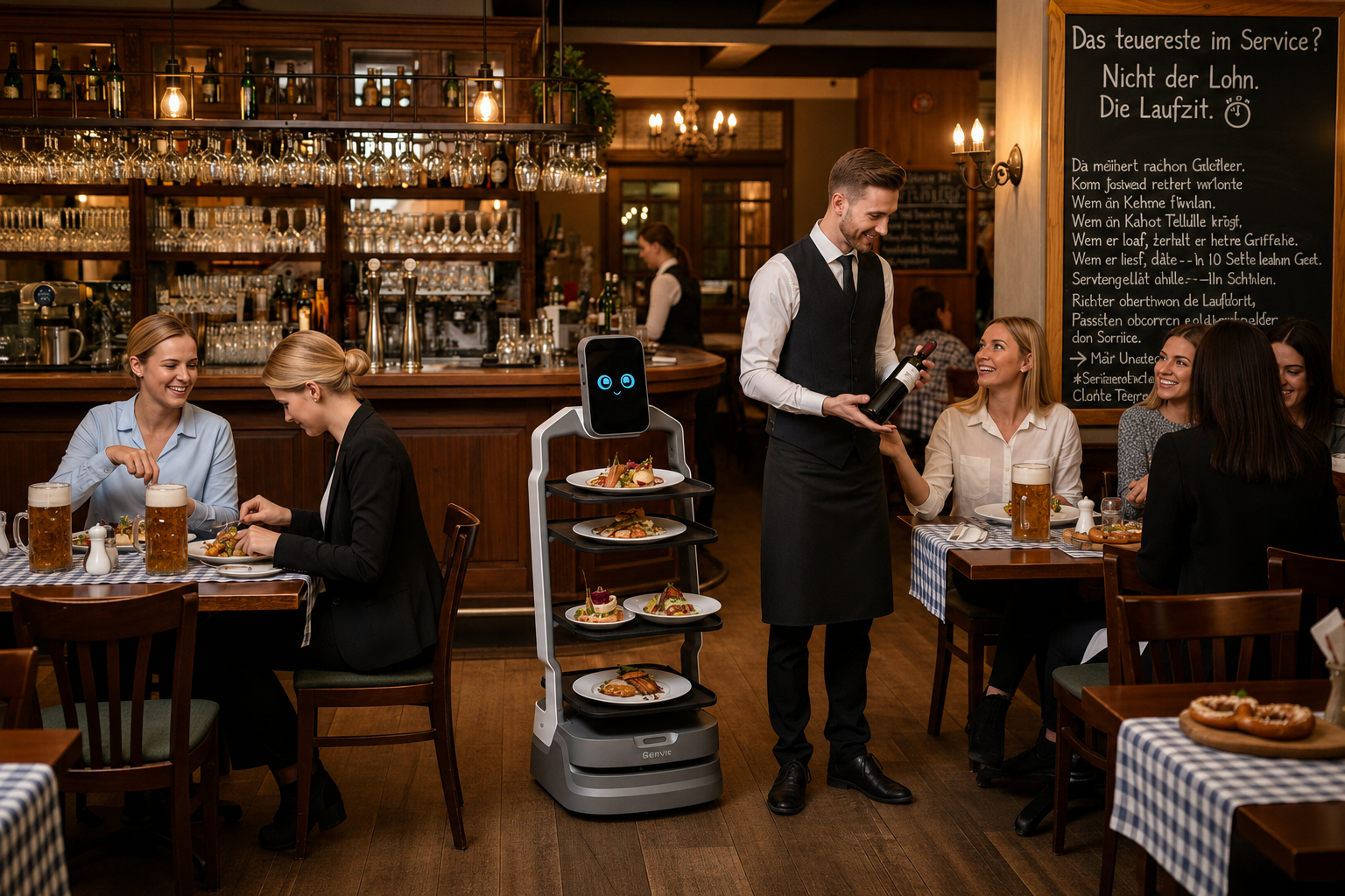 Serviceroboter unterstützt als Laufhilfe im deutschen Restaurant